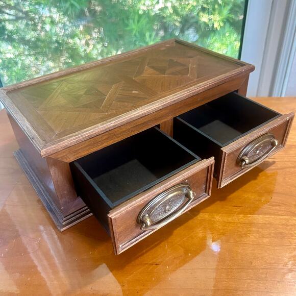 Vintage Wooden Parquet Style Two-Drawer Jewelry Trinket Box with Brass Pulls - Picture 9 of 16
